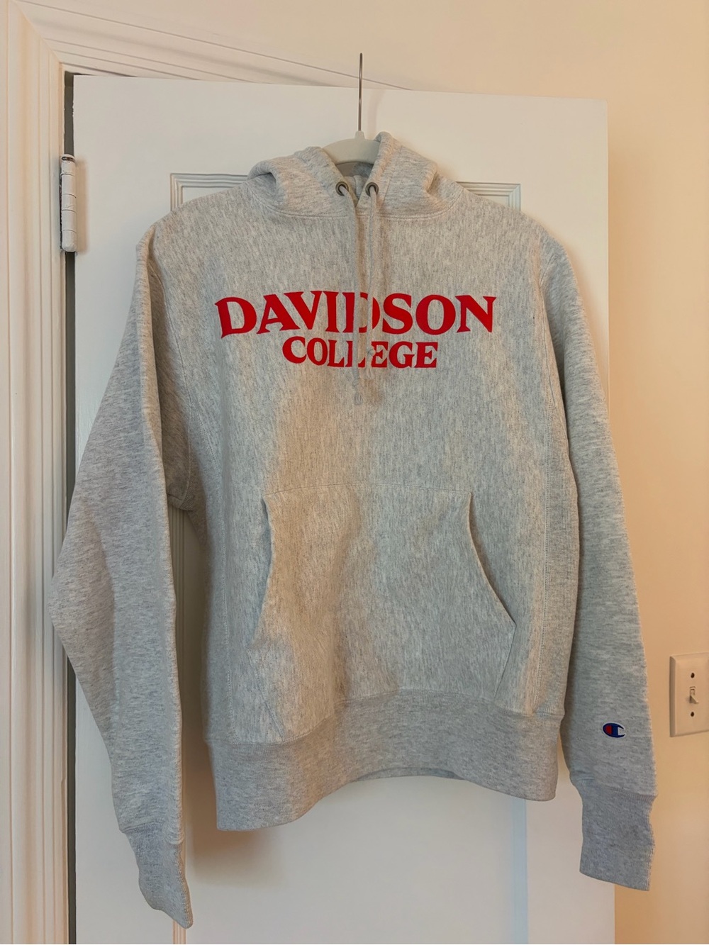 Champion Gray Hoodie with Red Davidson College Logo